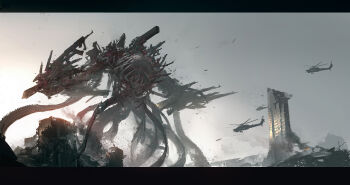 Rule 34 | 1other, absurdres, aircraft, ak-47, ammunition belt, aps rifle, assault rifle, chainsaw man, fad assault rifle, fx-05 xiuhcoatl, grey sky, gun, gun devil (chainsaw man), handgun, helicopter, highres, kalashnikov rifle, leo-dont-want-to-be-a-painter, m4 carbine, ribs, rifle, rubble, sky, solo focus, weapon