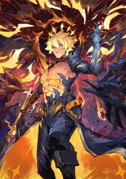 1boy :| absurdres alternate_form armor asymmetrical_wings broken_skin ceremonial_blade_(honkai:_star_rail) clawed_gauntlets closed_mouth coreflame_(honkai:_star_rail) cracked_skin dawnmaker_(honkai:_star_rail) gold_blood gold_halo gold_hands halo halo_behind_head hand_up highres honkai:_star_rail honkai_(series) looking_down mariosdalart material_growth pauldrons phainon_(honkai:_star_rail) phainon_(khaslana)_(honkai:_star_rail) shoulder_armor single_pauldron solo wings yellow_blood yellow_wings