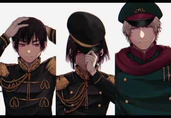 1girl 2boys aiguillette axis_powers_hetalia black_border black_jacket border buttons closed_mouth dual_persona epaulettes genderswap genderswap_(mtf) gloves green_hat green_jacket grey_hair hachiware_(user_wwva4743) hair_between_eyes half-closed_eye half-closed_eyes hands_on_own_head hands_up hat hat_ornament jacket japan_(female)_(hetalia) japan_(hetalia) long_sleeves looking_at_another looking_at_viewer mandarin_collar medal military military_hat military_jacket military_uniform multiple_boys one_eye_covered pink_eyes purple_eyes red_eyes red_scarf russia_(hetalia) scarf short_hair simple_background smile star_(symbol) star_hat_ornament star_ornament upper_body white_background white_gloves