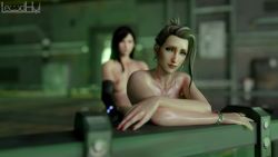 20s 2girls 3d animated artist_name bent_over black_gloves black_hair blender_(medium) blonde_hair blue_eyes blurry blurry_background bracelet breasts elbow_gloves final_fantasy final_fantasy_vii final_fantasy_vii_remake gloves glowing implied_futanari implied_sex indoors jewelry large_breasts lewdhyl lipstick logo long_hair looking_at_another looping_animation makeup materia medium_hair moaning multiple_girls nipples ring scarlet_(ff7) signature slapping sound square_enix straight_hair tifa_lockhart video