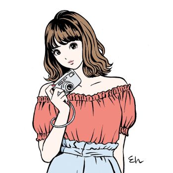 1girl aqua_skirt bare_shoulders brown_eyes brown_hair camera collarbone eguchi_hisashi eyelashes head_tilt holding holding_camera looking_at_viewer medium_hair off-shoulder_shirt off_shoulder original parted_lips pink_lips red_shirt shirt simple_background skirt solo tagme upper_body wavy_hair white_background