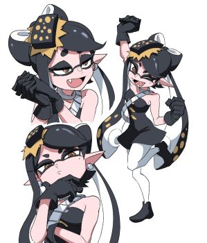 +_+ 1girl bandolier belt black_dress black_gloves black_hair black_shoes brown_eyes callie_(splatoon) commentary dress earrings fangs folded_hair food food_on_head frown gloves half-closed_eyes hand_on_own_chin highres jewelry leg_up long_hair looking_at_viewer mole mole_under_eye multiple_views nasu_(ilo_a5) neck_ring nintendo object_on_head one_eye_closed open_mouth own_hands_together pantyhose pointy_ears raised_fist shoes short_dress simple_background smile splatoon_(series) splatoon_3 standing standing_on_one_leg strapless strapless_dress sushi swept_bangs twintails very_long_hair white_background white_pantyhose