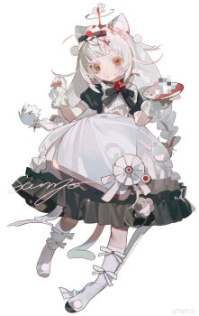 Rule 34 | 1girl, absurdres, acuteghost, animal ear fluff, animal ears, apron, bell, black bow, black bowtie, black dress, blood, blood in hair, bow, bowtie, braid, cat ears, cat girl, cat tail, censored, censored food, commentary, dress, full body, hair bow, hair ornament, highres, holding, holding plate, long hair, looking at viewer, low twin braids, multicolored hair, neck bell, original, parted lips, plate, pom pom (clothes), pom pom hair ornament, puffy short sleeves, puffy sleeves, red eyes, red hair, sample watermark, shoes, short sleeves, simple background, socks, solo, standing, streaked hair, symbol-only commentary, tail, twin braids, two-tone hair, watermark, weibo watermark, white apron, white background, white hair, white shoes, white socks, white wrist cuffs, wrist cuffs