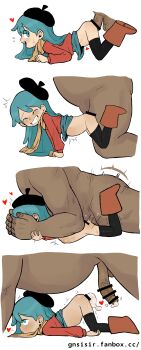 1boy 1girl 4koma absurdres after_vaginal aftersex age_difference aqua_eyes aqua_hair aqua_skirt bar_censor black_hat black_pantyhose blush censored clenched_teeth clothes_lift clothes_pull comic cum cum_in_pussy cum_inflation cum_overflow cumdrip dark-skinned_male dark_skin deep_penetration empty_eyes excited fat fat_man from_side gnsisir hands_on_another's_face happy_tears hat hetero highres hilda_(hilda) hilda_(series) inflation interracial loli long_hair long_image long_sleeves looking_afar looking_at_penis looking_back lying matching_hair/eyes mind_break navel nervous on_stomach open_mouth pantyhose pantyhose_pull penis profile red_shirt scarf sequential sex sex_from_behind shirt silent_comic simple_background size_difference skirt skirt_lift stomach_bulge tears teeth testicles tongue tongue_out top-down_bottom-up upper_teeth_only vaginal white_background yellow_scarf