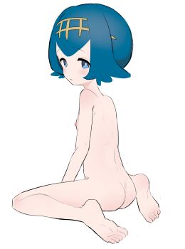 1girl ass barefoot blue_eyes blue_hair blush bright_pupils closed_mouth completely_nude diu1 feet flat_chest full_body hairband lana_(pokemon) loli looking_at_viewer looking_back nipples no_sclera nude pokemon pokemon_sun_and_moon short_hair simple_background sitting soles solo toes wariza white_background white_pupils yellow_hairband