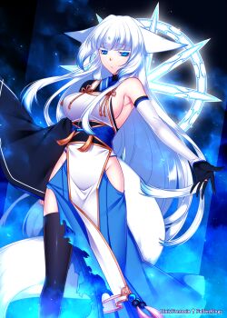 Rule 34 | 1girl, animal ears, blue eyes, breasts, elbow gloves, female focus, fox ears, fox tail, gloves, jewelry, konshin, long hair, no panties, orie mishiro, pixiv fantasia, pixiv fantasia fallen kings, ring, sideboob, solo, tail, thighhighs, torn clothes, white hair