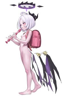 1girl absurdres aged_down ahoge alternate_hairstyle backpack bag bare_legs barefoot black_halo blue_archive blush breasts completely_nude demon_girl demon_horns demon_wings fingerless_gloves flute full_body gloves half-closed_eyes halo highres hina_(blue_archive) holding holding_flute holding_instrument horns instrument loli looking_at_another low_wings multiple_horns navel nipples nude purple_eyes randoseru recorder saliva saliva_trail short_hair simple_background small_breasts solo standing toenails white_background white_hair wings
