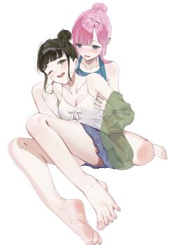 2girls ;d anyoji_hime anyoji_hime_(sleepover_at_ginko&#039;s) arms_behind_back bare_shoulders barefoot black_hair blue_eyes blue_shirt blush breasts cardigan cleavage collarbone commentary_request commission dkou frilled_skirt frills full_body green_cardigan hair_bun halter_shirt halterneck highres link!_like!_love_live! love_live! medium_breasts miniskirt momose_ginko momose_ginko_(sleepover_at_ginko&#039;s) multiple_girls nose_blush official_alternate_costume one_eye_closed open_mouth pink_hair purple_skirt see-through_cardigan see-through_clothes shirt short_hair sidelocks simple_background single_hair_bun skirt sleeveless sleeveless_shirt smile spaghetti_strap sweat tickling tickling_armpits toes trembling virtual_youtuber white_background yuri