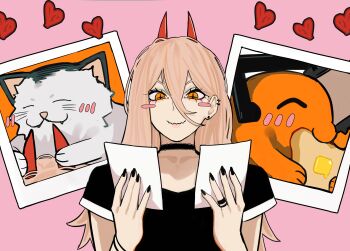 absurdres animal animal_on_head black_shirt blush bread bread_slice cat chainsaw_man choker cross-shaped_pupils demon_horns dog ear_piercing food frilled_choker frills highres holding holding_photo horns long_hair looking_at_another meowy_(chainsaw_man) on_head photo_(object) piercing pink_background pochita_(chainsaw_man) power_(chainsaw_man) sailen0 shirt symbol-shaped_pupils toast