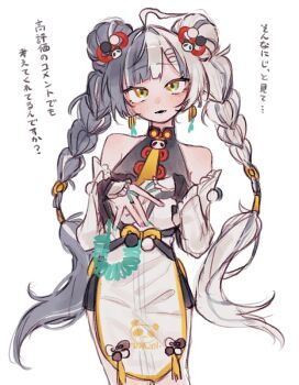 1girl ahoge animal_print aqua_nails bare_shoulders bear_print black_hair blush braid braided_twintails cable china_dress chinese_clothes cowboy_shot detached_sleeves dialyn_(zenless_zone_zero) dress earrings hair_extensions hair_ornament hairclip highres jewelry long_hair looking_at_viewer multicolored_hair multicolored_nails necktie open_mouth panda_hair_ornament panda_print pelvic_curtain pink_nails ring_hair_extensions siiaka023 simple_background solo sparkling_eyes split-color_hair translation_request white_background white_dress white_hair yellow_eyes yellow_necktie zenless_zone_zero