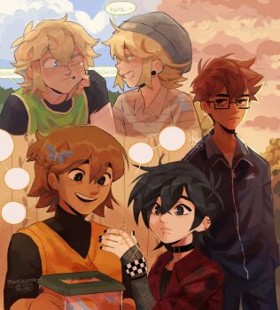 5boys alternate_costume alternate_eye_color alternate_universe basil_(faraway)_(omori) basil_(omori) bespectacled black-framed_eyewear black_choker black_eyes black_gloves black_jacket black_nails blonde_hair blue_eyes brown_hair bug butterfly cheek_pull choker collared_shirt dark-skinned_male dark_skin double-parted_bangs ear_piercing emori_(shrimperini) english_text face_piercing fingerless_gloves freckles glasses gloves hero_(faraway)_(omori) hero_(omori) highres insect jacket kel_(faraway)_(omori) kel_(omori) lip_piercing long_sleeves looking_at_viewer madnopost male_focus multiple_boys omori one_eye_closed piercing rectangular_eyewear semi-rimless_eyewear shirt short_hair speech_bubble sunny_(omori) teeth under-rim_eyewear upper_teeth_only