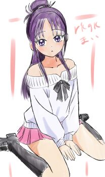 1girl absurdres bare_shoulders black_ribbon black_shoes black_socks commentary_request expressionless eyelashes futari_wa_precure_splash_star half_updo highres hiragizaka_aoi kneehighs light_blush long_hair looking_at_viewer mishou_mai off-shoulder_sweater off_shoulder pink_skirt precure purple_eyes purple_hair ribbon shoes sketch skirt socks solo sweater white_sweater