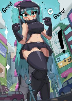 ! 1girl 2others absurdres animal_hood black_boots black_shirt black_skirt black_thighhighs blue_eyes blue_hair blush boots breasts building car character_hood city claws cloud cosplay cross_promotion crossover dinosaur epic_games fake_tail fang fortnite giant giantess godzilla godzilla_(cosplay) godzilla_(monsterverse) godzilla_(series) godzilla_evolved godzilla_x_kong:_the_new_empire hair_ornament hatsune_miku heart highres hood kaiju king_kong_(series) large_breasts lizard_hood lizard_tail long_hair looking_at_viewer midriff monsterverse motor_vehicle multiple_crossover multiple_others musical_note navel open_mouth shirt skirt sky sleeveless sleeveless_shirt smile sparkle speech_bubble spoken_heart standing surprised tail teeth thick_thighs thighhighs thighs toho tony_welt twintails vocaloid wide_hips