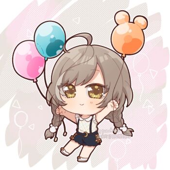 1girl ahoge animal_balloon assault_lily balloon bear_hair_ornament black_skirt bow braid chibi commentary cross-laced_clothes cross-laced_skirt frilled_shirt frills full_body gradient_background grey_background hair_ornament hands_up highres holding holding_balloon long_hair low_twin_braids low_twintails miniskirt multicolored_hair official_alternate_costume official_alternate_hairstyle outstretched_arms pink_background ponokaijo sasaki_ran shirt shoes skirt sleeveless sleeveless_shirt solo standing standing_on_one_leg streaked_hair suspender_skirt suspenders symbol-only_commentary twin_braids twintails twitter_username two-tone_background very_long_hair white_shirt white_shoes yellow_bow