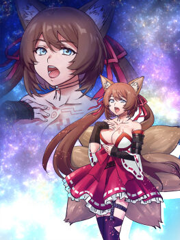 1girl animal_ears bare_shoulders blue_eyes breasts brown_hair caleen_keemosn choker cleavage commission detached_sleeves female_focus fox_ears fox_girl fox_tail garter_belt garter_straps garters hair_ribbon hand_on_chest highres japanese_clothes large_breasts long_hair looking_at_viewer miko multiple_tails multiple_views music n_hyr open_mouth ribbon runes singing star_ocean star_ocean:_anamnesis stars tail thighhighs twintails very_long_hair