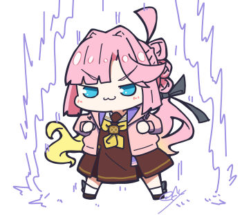 1girl :3 absurdres ahoge anyoji_hime aura black_bow black_ribbon blonde_hair blue_eyes blunt_sidelocks bow bow_legwear brown_dress brown_shoes chibi chibi_only clenched_hands closed_mouth commentary_request dress floating_hair gradient_hair hair_intakes hair_ribbon hasu_no_sora_school_uniform highres hood hooded_jacket jacket link!_like!_love_live! long_hair long_sleeves love_live! multi-tied_hair multicolored_hair neckerchief oofushi_ao open_clothes open_jacket pink_hair pink_jacket ponytail ribbon sailor_collar sailor_dress school_uniform shoes sidelocks socks solo v-shaped_eyebrows v-shaped_eyes very_long_hair virtual_youtuber white_sailor_collar white_socks winter_uniform yellow_neckerchief