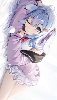 Rule 34 | 1girl, ;o, bare legs, blue eyes, blue hair, breasts, carrot hair ornament, commentary request, dot nose, dress, feet out of frame, food-themed hair ornament, hair ornament, indie virtual youtuber, large breasts, light blush, long hair, long sleeves, looking at viewer, lying, on bed, on side, one eye closed, pink dress, pink sleeves, solo