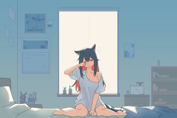 Rule 34 | 1girl, absurdres, animal ear fluff, animal ears, arknights, bare legs, barefoot, black hair, breasts, cleavage, closed mouth, colored inner hair, highres, indoors, large breasts, multicolored hair, myticalcat, no pants, on bed, one eye closed, red eyes, red hair, rubbing eyes, shirt, short sleeves, sitting, smile, solo, t-shirt, tail, texas (arknights), two-tone hair, wariza, white shirt, wolf ears, wolf girl, wolf tail