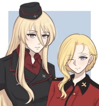 Rule 34 | 2girls, azur lane, biscottidiptea, bismarck (azur lane), blonde hair, blue eyes, border, girls und panzer, hair between eyes, highres, hood (azur lane), kuromorimine military uniform, looking at viewer, multiple girls, one eye closed, outside border, st. gloriana's military uniform, upper body, white border