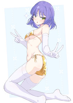 1girl absurdres bikini blue_hair bocchi_the_rock! breasts commentary_request double_v duplicate elbow_gloves gloves gold_bikini green_eyes highres kazakiri_form navel pantyhose pixel-perfect_duplicate swimsuit thighhighs v white_pantyhose white_thighhighs yamada_ryo
