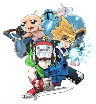 4boys android armor azure_striker_gunvolt baseball_cap black_hair blade_strangers blonde_hair blue_eyes crossover crying crying_with_eyes_open doukutsu_monogatari dual_wielding electricity fake_horns fingerless_gloves full_armor gloves gun gunvolt handgun hat helmet holding holding_weapon horned_helmet horns isaac_(the_binding_of_isaac) kitchen_knife knife male_focus multiple_boys multiple_crossover neckerchief nishimura_kinu official_art over_shoulder pistol popped_collar quote_(cave_story) reverse_grip revolver robot_ears short_sword shovel shovel_knight shovel_knight_(character) spiked_hair sword tears the_binding_of_isaac weapon weapon_over_shoulder white_background