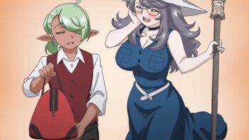 1boy 2023 20s animated animated_gif anime_screenshot bag blush boy_(majo_wa_kekkyoku_sono_kyaku_to) breast_pocket breasts broom button_dress choker closed_eyes collarbone crystal_ball dark-skinned_male dark_elf dark_skin door elf glasses green_hair grey_hair hand_up happy hat high_ponytail hotel_room large_breasts long_hair lowres majo_wa_kekkyoku_sono_kyaku_to..._the_animation mashima_mojikawa mature_female musical_note pocket pointy_ears ponytail short_male smile standing tagme uniform_vest waist_ribbon waitress_uniform wide_hips window witch witch_broom witch_hat