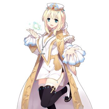 1girl aqua_eyes black_shoes black_thighhighs blonde_hair braid breasts cape dress hat large_breasts long_hair long_sleeves low-tied_long_hair outstretched_hand shoes side_slit single_braid sister_leia_(uchihime) thighhighs uchi_no_hime-sama_ga_ichiban_kawaii white_cape white_dress white_hat