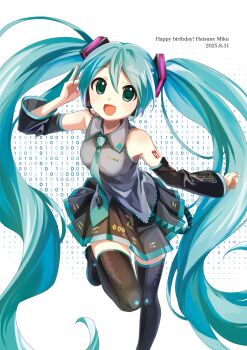 Rule 34 | 1girl, :d, bare shoulders, binary, black boots, black skirt, black sleeves, blue eyes, blue hair, blue necktie, blush, boots, character name, collared shirt, commentary, dated, detached sleeves, foot out of frame, happy birthday, hatsune miku, highres, long hair, long sleeves, looking at viewer, miniskirt, mochiusasa, necktie, number tattoo, open mouth, pleated skirt, shirt, shoulder tattoo, skirt, sleeveless, sleeveless shirt, smile, solo, standing, standing on one leg, tattoo, thigh boots, twintails, vocaloid, white background