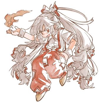 1girl albino bow cigarette ezier fire fujiwara_no_mokou hair_bow hair_ribbon hand_in_pocket highres imperishable_night long_hair looking_at_viewer ofuda ofuda_on_clothes open_mouth pants pyrokinesis red_eyes red_pants ribbon shirt smile smoking solo suspenders torn_clothes touhou very_long_hair white_background white_bow white_hair