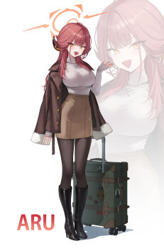 1girl absurdres aru_(blue_archive) black_boots black_pantyhose blue_archive boots breasts brown_horns casual character_name demon_horns full_body fur_trim halo high-waist_skirt highres horns jacket jacket_on_shoulders large_breasts long_hair looking_at_viewer low_horns okkimon open_mouth orange_halo pantyhose pink_hair rolling_suitcase shirt shirt_tucked_in skirt smile solo suitcase turtleneck turtleneck_shirt white_background zoom_layer