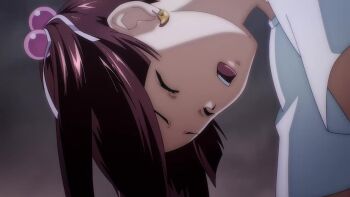 20s 3girls animated ass audible_speech bare_shoulders breasts brown_hair chouun_shiryuu copyright_name dark-skinned_female dark_skin gloves grey_hair hair_bobbles hair_ornament highres holding holding_sword holding_weapon ikkitousen japanese_audio jumping large_breasts lips long_hair looking_at_another multiple_girls rain ryona sad school school_uniform shin_ikkitousen shiny_skin skirt sonken_chuubou_(shin_ikkitousen) sword tagme tears very_long_hair video weapon white_hair wide_hips yamada_asaemon_(ikkitousen)