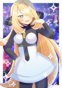 Rule 34 | 1girl, black pantyhose, blonde hair, breasts, brown eyes, check copyright, commentary request, commission, copyright request, cynthia (pokemon), dress, fur-trimmed dress, fur trim, hair ornament, hair over one eye, kou hiyoyo, long hair, long sleeves, looking at viewer, medium breasts, nintendo, open mouth, pantyhose, pokemon, pokemon dppt, skeb commission, smile, solo, very long hair, white dress