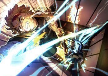 2boys agatsuma_zenitsu bandaged_arm bandages battle belt black_hair black_jacket black_pants blonde_hair blood blood_on_face buttons clenched_teeth haori high_collar highres jacket japanese_clothes jumping kaigaku kimetsu_no_yaiba male_focus multiple_boys pants short_hair slashing teeth thunder torn_clothes v-shaped_eyebrows yellow_eyes yellow_haori yggizn