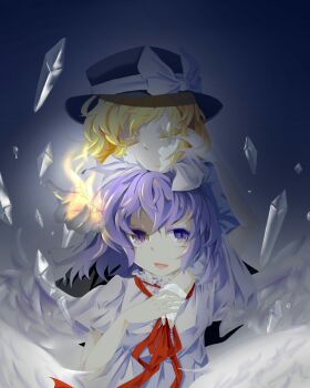 Rule 34 | 2girls, bai he, black hat, blonde hair, blue eyes, blue hair, bow, casting spell, closed eyes, commentary request, dress, feathered wings, fire, frills, hair bow, hair ribbon, hat, hat bow, highres, holding, holding ice, ice crystal, long hair, mai (touhou), multiple girls, open mouth, puffy short sleeves, puffy sleeves, red ribbon, ribbon, shirt, short hair, short sleeves, skirt, sleeping, smile, touhou, touhou (pc-98), white bow, white dress, white shirt, white wings, wings, yuki (touhou)