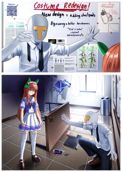 Rule 34 | 1boy, 1girl, absurdres, aerodynamics, angry, animal ears, binder, black necktie, black pants, blunt bangs, book, bottle, bow, bowtie, breasts, chair, clenched hands, clenched teeth, closed eyes, collared shirt, commentary, ear covers, english commentary, english text, fiji water, flat chest joke, flat is justice (meme), hair ornament, hairband, highres, hime cut, horse ears, horse girl, horse tail, it's always sunny in philadelphia, kobayashi-san chi no maidragon, loafers, locker, long hair, lucoa (maidragon), manjo (warito), meme, necktie, nervous sweating, open mouth, orange hair, orange tail, pants, pencil, pepe silvia (meme), pleated skirt, puffy short sleeves, puffy sleeves, purple bow, purple bowtie, purple shirt, qr code, sailor collar, sailor shirt, school uniform, shirt, shoes, short sleeves, silence suzuka (umamusume), skirt, small breasts, socks, squatting, sweat, t-head trainer (umamusume), table, tail, teeth, thighhighs, tracen school uniform, trainer (umamusume), trash can, trembling, umamusume, undone necktie, water bottle, white hairband, white sailor collar, white shirt, white skirt, white thighhighs, whiteboard, window