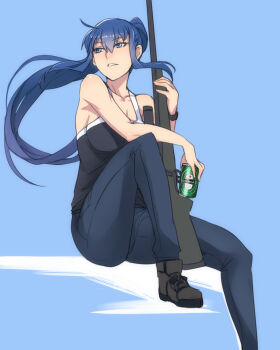10s 1girl bad_id bad_pixiv_id ban!_(bansankan) beer_can blue_eyes blue_hair bolt_action boots breasts can cleavage denim drink_can female_focus grisaia_(series) grisaia_no_rakuen gun highres jeans knee_up kusakabe_asako long_hair matching_hair/eyes medium_breasts pants parted_lips ponytail rifle scope sitting sniper sniper_rifle solo weapon