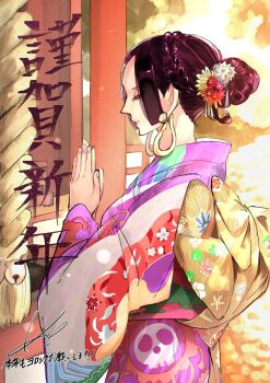 1girl black_hair boa_hancock braid closed_eyes closed_mouth commentary_request earrings hair_bun highres japanese_clothes jewelry kamat_73 kimono kuja_pirates_jolly_roger obi one_piece praying profile sash sidelocks signature snake_earrings solo wide_sleeves yellow_sash