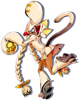 Rule 34 | 1girl, animal hood, blazblue, blazblue: central fiction, blonde hair, boots, bow, braid, cat, cat girl, coat, dustloop (site), female focus, full body, grin, hair bow, highres, hood, katou yuuki, leg warmers, long hair, long sleeves, looking at viewer, official art, panties, red eyes, red panties, saitou chiwa, shadow, sharp teeth, shiny skin, sleeves past wrists, smile, solo, standing, tail, taokaka, teeth, twin braids, underwear, very long hair, voice actor connection, white background, yellow bow