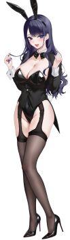 1girl abab_xiaxia animal_ear_hairband animal_ears black_bow black_bowtie black_garter_straps black_hairband black_leotard black_pantyhose black_shoes black_shrug black_thighhighs blush bow bowtie breasts cleavage cosplay detached_collar fake_animal_ears fake_tail garter_straps hairband high_heels highres izayoi_arisa izayoi_arisa_(cosplay) kitagawa_marin large_breasts leotard long_hair looking_at_viewer open_mouth pantyhose playboy_bunny purple_eyes purple_hair purple_nails rabbit_ear_hairband rabbit_ears rabbit_tail shoes shrug_(clothing) sidelocks smile solo sono_bisque_doll_wa_koi_wo_suru standing tail tailcoat_playboy_bunny thighhighs
