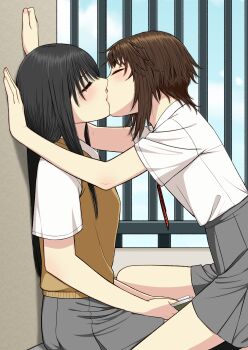 2girls absurdres black_hair book brown_hair brown_sweater_vest closed_eyes collared_shirt commentary_request grey_skirt highres holding holding_book kiss long_hair medium_hair multiple_girls original pleated_skirt ryuusa school_uniform shirt skirt sweater_vest white_shirt yuri