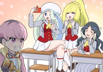 Rule 34 | 1boy, 3girls, ;d, alternate costume, alternate hairstyle, blonde hair, blue eyes, chair, closed eyes, cosplay, desk, drasna (pokemon), gen 4 pokemon, grey hair, grey jacket, hat, highres, jacket, jewelry, long hair, long sleeves, lusamine (pokemon), mature female, melony (pokemon), multiple girls, neckerchief, nintendo, on chair, on desk, one eye closed, open clothes, open jacket, open mouth, ortega (pokemon), pink hair, pokemoa, pokemon, pokemon masters ex, pokemon sm, pokemon sv, pokemon swsh, pokemon xy, ponytail, purple eyes, red vest, ring, rosa (academy) (pokemon), rosa (pokemon), rosa (pokemon) (cosplay), rotom, rotom phone, school, selfie, short hair, sitting, skirt, smile, socks, v, vest, white hat, white socks, yellow neckerchief