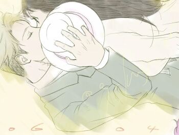 1boy 1girl azmkmgi_en black_hair blonde_hair breasts closed_eyes collared_shirt couple green_jacket hat hetero holding holding_unworn_clothes holding_unworn_hat jacket long_hair looking_at_another medium_breasts shirt short_hair sketch spy_x_family suit_jacket twilight_(spy_x_family) twitter_username unworn_hat unworn_headwear upper_body white_shirt yor_briar