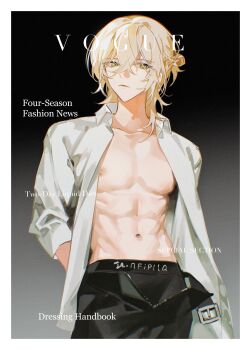 1boy :&lt; abs absurdres alkaid_mcgrath bare_pectorals belt belt_buckle black_background black_belt black_male_underwear black_pants blonde_hair border boxers buckle chinese_commentary closed_mouth collarbone collared_shirt cover cowboy_shot crossed_bangs english_text fake_cover green_eyes hair_between_eyes hair_bun half_updo hand_in_pocket highres long_hair_between_eyes looking_at_viewer lovebrush_chronicles magazine_cover male_focus male_underwear medium_hair nipples open_clothes open_fly open_shirt pants pectorals shirt sideways_glance single_hair_bun sleeves_rolled_up solo standing tengyuan_bei_ze toned toned_male underwear vogue_(magazine) white_border white_shirt