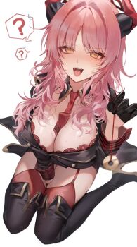 1girl ? @_@ between_breasts between_legs black_gloves blonde_hair blue_archive blush bra bra_peek breasts coin coin_on_string collarbone fangs flying_sweatdrops gloves gz_(gyoju) hair_intakes half_gloves hand_between_legs highres holding holding_pendulum holed_coin horns hypnosis hypnotizing_viewer large_breasts looking_at_viewer mind_control mole mole_on_breast multicolored_horns necktie necktie_between_breasts open_mouth parted_bangs pendulum pink_hair red_bra red_garter_straps red_necktie red_thighhighs red_wrist_cuffs satsuki_(blue_archive) sitting solo spoken_question_mark sweatdrop thighhighs thighs tongue two-tone_horns underwear wariza white_background wrist_cuffs