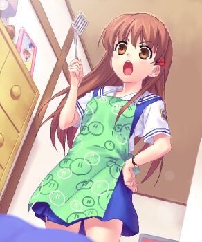 Rule 34 | 00s, aged up, apron, brown eyes, brown hair, clannad, dango daikazoku, girl from the illusionary world, long hair, okazaki ushio, school uniform, solo, watch, wristwatch, zen