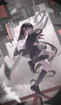 1girl alice-zibe arm_cutout black_hair black_jacket black_serafuku black_shirt black_shoes black_skirt black_socks breasts chinese_commentary chisa_(wuthering_waves) clothing_cutout commentary_request full_body grey_sky hair_ribbon highres holding holding_sword holding_weapon jacket loafers long_hair looking_at_viewer medium_breasts neckerchief red_eyes red_neckerchief red_ribbon ribbon sailor_collar school_uniform serafuku shirt shoes skirt sky socks solo sword thigh_strap thighs weapon white_sailor_collar wuthering_waves