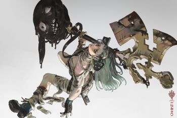 1girl a.b.a absurdres aqua_hair aqua_shoes arched_back artist_name bags_under_eyes bandaged_leg bandaged_neck bandaged_wrist bandages belt black_belt black_gloves blood bloody_bandages bloody_weapon boots crop_top fingerless_gloves forehead from_above furrowed_brow gloves gradient_background green_eyes guilty_gear guilty_gear_strive headband highres holding holding_key holding_weapon key key_in_head long_hair looking_at_viewer looking_up loose_bandages miniskirt object_through_head off-shoulder_shirt off_shoulder ofthelimbo paracelsus_(guilty_gear) parted_lips revision shirt shoes short_sleeves single_fingerless_glove sitting skirt solo weapon white_shirt white_skirt