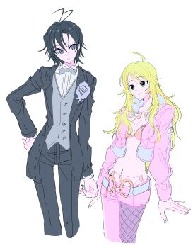 Rule 34 | 2girls, absurdres, ahoge, antenna hair, black coat, black hair, black pants, blonde hair, bow, bowtie, breasts, closed mouth, coat, cropped jacket, cropped legs, fishnet pantyhose, fishnets, green eyes, grey bow, grey bowtie, hand on own hip, highres, hoshii miki, idolmaster, idolmaster (classic), idolmaster 2, jacket, kikuchi makoto, long hair, long sleeves, luxury (idolmaster), multiple girls, najuco (naju0517), official alternate costume, pants, pantyhose, pink diamond 765 (idolmaster), pink jacket, pink shorts, purple eyes, short hair, shorts, simple background, single fishnet legwear, single leg pantyhose, standing, white background