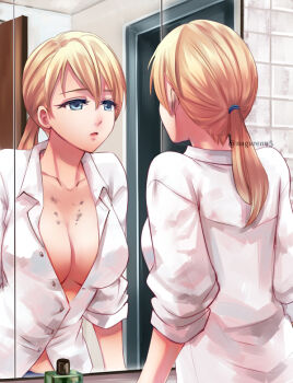 Rule 34 | 1girl, artist name, blonde hair, breasts, jill valentine, long hair, looking at mirror, low ponytail, mirror, nagare, parted lips, ponytail, resident evil, resident evil 5, scar, scar on chest, shirt, white shirt
