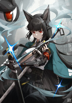 1girl 1other absurdres animal_ears aqua_jacket arm_strap artist_logo black_gloves black_hair black_necktie black_skirt blunt_bangs breasts bright_pupils collared_shirt commentary_request fox_ears glint gloves half_updo highres holding holding_sword holding_weapon hoshimi_miyabi jacket large_breasts logo long_hair long_skirt looking_at_viewer mechanical_arms mechanical_hands necktie open_clothes open_jacket outdoors parted_lips red_eyes red_rope rope scabbard sheath shide shirt sidelocks single_glove single_mechanical_arm single_mechanical_hand skirt solo_focus sword tongyu unsheathed very_long_hair weapon white_pupils white_shirt zenless_zone_zero